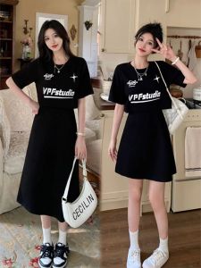 plus Size Summer Casual Black Dress High Waist A-Line Skirt Fashionable Womens Clothing Commute Style Short Sleeve round Neck