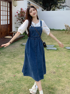 Summer 2025 Korean Style Denim Overalls Dress Womens Mini A-Line Midi Dress with Straps College Style Casual High Waist