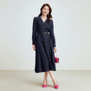 Koradior | Cotton Timeless Young-Looking V-Neck Waist-Emphasizing Denim Dress