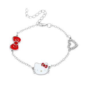 Sanrio | Cute Hello Kitty Enamel Bracelet Zinc Alloy with Kitty Head Red Bow & Rhinestone Heart Silver Tone Adjustable Wristband