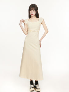 Chic French Style Apricot Dress Womens Summer New Waist-Cinching Bodycon Fish Tail Short Sleeve Midi Dress Korean Style Knitted Elastic Material