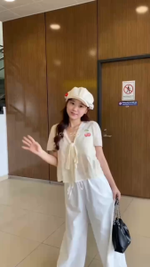 Đen-Trắng-Nude [Không gồm áo trong] Áo babydoll boi thêu hoa nổi mềm rũ có lót form xoè cột nơ cổ V siêu xinh DOXI TOP