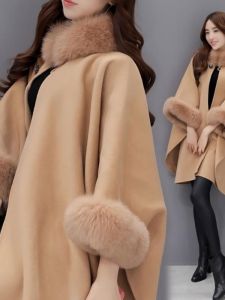 Elegant Autumn Winter Long Woolen Coat with Fox Fur Collar Cowl Neck Wrap Shoulder Hebe Style Large Size Outerwear