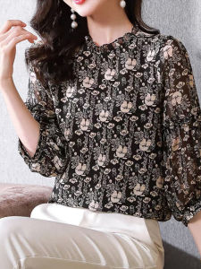 NVSHENJI | Silk Shirts Womens Spring Summer New Style Retro Printed Stand Collar Small Shirt Hangzhou Mulberry Silk Shirt Korean Loose Fit