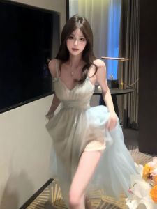 French Style Unique Beautiful V-Neck Strap Mesh Dress Long Skirt Non-Repeating Summer 2026 Elegant City Commute Date Dress