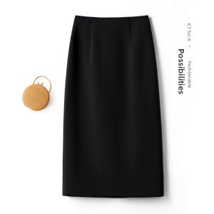 Black Woolen A-Line Midi Skirt Womens Autumn Winter 2024 New High Waist Elegant Skirt with Inner Lining Straight Silhouette