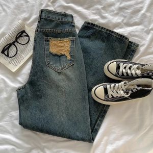 สูง เอว ผ้าขนแกะ กางเกง Ripped เดนิม กางเกง เรียบหรู ขากว้างยาว กางเกงขายาว สําหรับ พลัสไซส์ ผู้หญิง ฤดูใบไม้ร่วง ฤดูหนาว แฟชั่น ดีไซน์