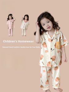 Miiow | Pure Cotton Thin Breathable Cat Girl Childrens Sleepwear Home Clothes Suitable For Outdoor Wear Summer Short Sleeve Flip Collar