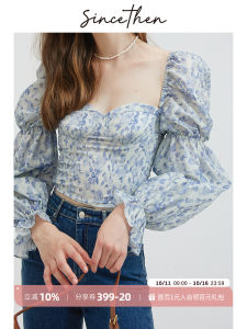 French Style Bubble Sleeve Floral Print Shirt Square Collar Backless Short Sweet Tube Top for Women Cotton 100% Long Sleeve