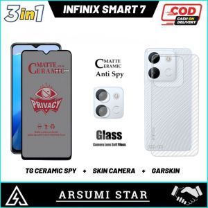 Paket 3in1 Tempered Glass Ceramic Matte Anti Spy INFINIX SMART 7 Tg Anti Gores Pelindung Layar Ceramic Matte Anti Spy + Skin Camera + Garskin Carbon
