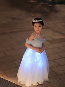 [TẶNG PHỤ KIỆN] Đầm công chúa xanh trễ vai bồng bềnh kèm đèn phát sáng lấp lánh cổ tích siêu đẹp cho bé gái