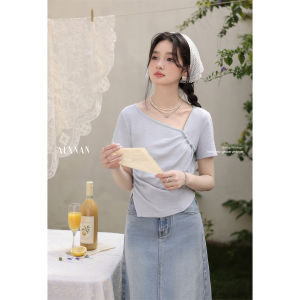 Light Blue Irregular T-Shirt Womens Summer New Design Sensation Casual Fashion Short Sleeve Regular Length Slim Fit T-Shirt