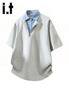 izzue | Trendy American Style Pseudo Two-Piece Polo Shirt Short Sleeve