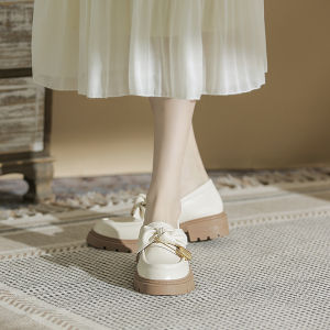 Helen Hall Womens White Thick Heel Loafers Spring Autumn Summer New Style British Style Fashion Single Shoes Deep Mouth Slip-On