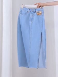 rok wanita denim panjang wanita high waist rok korean style slit a-line skirt midi jumbo kekinian