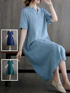 กระดุมย้อนยุค ผ้าฝ้าย ผ้าลินิน แขนสั้นปัก คอวี พรางหุ่น ยาวถึงเข่า ทรงเอ เดรส ฤดูร้อน สไตล์ใหม่ เรียบหรู เดรส