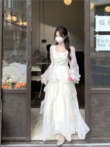 Elegant Dress Waist Trimming Ruffles Fairy Long Dress Slim Fit Dress Creamy-white Long Sleeves Seaside Vacation Beach Dress