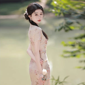 Young Girls Floral Print Cheongsam Dress Vintage Chinese Style High Slit Short Sleeve Womens Fashion Daily Wear Gown