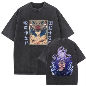 Bandai | Summer New Vintage Wash Demon Slayer Anime Graphic T Shirt Nezuko Print Men Women Cotton Short Sleeve Tee Streetwear Casual Tops
