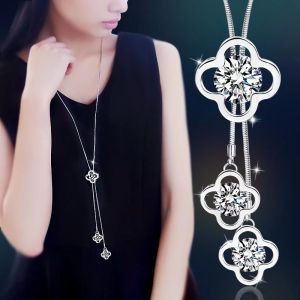 Women Pendant Necklaces Hollow Leaves Flower Crystal Sweater Chain Crystal Long Tassel Necklace Accessories