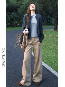 High Waist Wide Leg Jeans Womens Loose Fit Straight Cut Ankle Length Casual Pants Korean Style Khaki Color Autumn Fashion