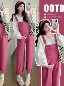 Maternity Denim Overalls Womens Loose Fit Two-Piece Set Spring Summer High Waist Long Pants Four Seasons Universal