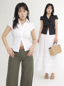 Black White Basic Vintage Revival Short Sleeve Shirt with Pleats Belt Tie Stand Collar Womens Fashion Commute Style Polyester Material