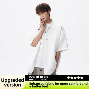 V37 | New Chinese Style Loose Fit Casual Mens Shirt Metal Button Collar Short Sleeve