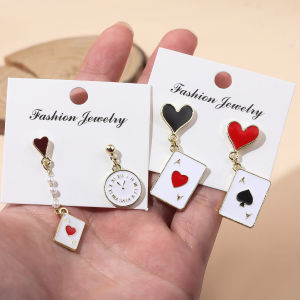 Funny Clock Playing Card Drop Earrings Alice in Wonderland Hearts and Ace of Spades Playing Card Earrings Women Girls Jewelry