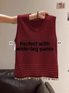 Loowmane | Áo Thun Không Tay Kniết Màu Đỏ Phong Cách Dân Tộc