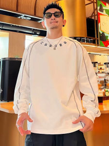 เสื้อฮู้ดคอกลมปักลายตัวอักษรสไตล์อเมริกันสำหรับผู้ชาย เสื้อเชิ้ตแขนยาวทรงหลวมสไตล์ลำลองสำหรับฤดูใบไม้ร่วง