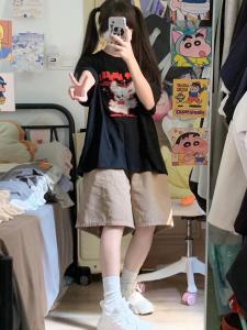 สีกากี สี ผู้หญิง ฤดูร้อน หลวม สั้น กางเกง จิ๋วเหนือเข่าแบบบางห้าส่วนสไตล์ญี่ปุ่น ลำลอง สินค้า กางเกงขาสั้น สูง เอว ผ้าฝ้าย เดนิม