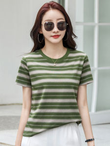 เสื้อยืดคอตตอนสีเขียวลินินหลวมๆ สำหรับผู้หญิง แขนสั้น คอกลม ลายทาง เสื้อยืดลำลองฤดูร้อน สไตล์เกาหลี ระบายอากาศได้ดี