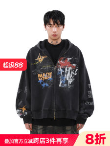 เสื้อแจ็คเก็ตฮู้ดมีซิปสไตล์ฮิปฮอปสไตล์สตรีทสำหรับผู้ชาย ทรงหลวม แขนยาว ปกติ ฤดูใบไม้ผลิและฤดูใบไม้ร่วง เสื้อสเวตเตอร์แฟชั่น