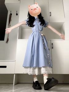 Blue Shirt Dress Womens A-Line Midi Skirt Slimming Waist French Elegance Summer New Style Korean System High-End Feeling Dress