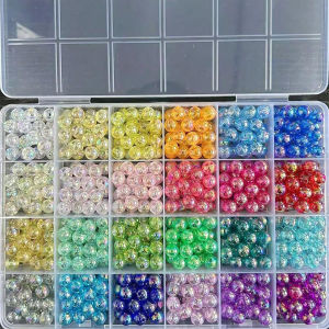1 box of 6 mm (1200 pieces) 8 mm (480 pieces) transparent round beads 24 random colors combined plastic with holes loose spacin