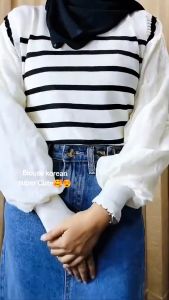 Atasan Knit Wanita Lengan Balon - Sweater Rajut Korean Style Motif Garis