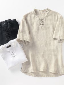 VIPIN | High-End Pure Linen Short-Sleeve T-Shirt Mens Summer Thin Style Retro Button Stand Collar Half Sleeve Body T-Shirt Fashionable Urban Loose Fit