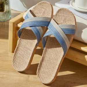 Japanese Style Breathable Linen Slippers Flat Bottom Mens Slippers Spring Autumn Home Use Comfortable Soft Flats Sandals