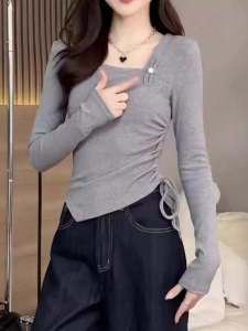 Korean Style Womens Short Sleeveless T-Shirt Drawstring Long Sleeve Irregular Design Sweet And Spicy Slim Fit Base Shirt