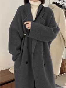Elegant Black Grey Woolen Coat Women Thickened Medium Length Winter New Style Loose Korean Style Woolen Outerwear