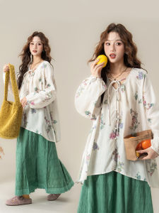 Floral Lace-up Puff Sleeve Waist-cinching Blouse