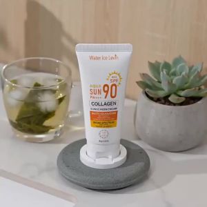 SPF 90+ Sunscreen Cream. PA+++ Broad Spectrum. Water Resistant 80 Minutes. Protects UVB UVA. Reef Friendly. Collagen. 80g.