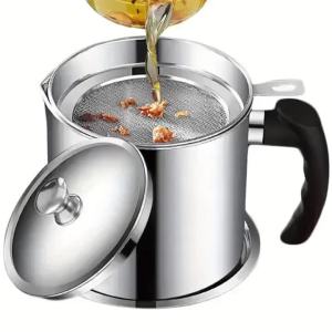Stainless Steel Filter Oiler Set 1.1/1.3L with Lid & Strainer High Temperature Resistant Fat Separator for Cooking Oil Filter
