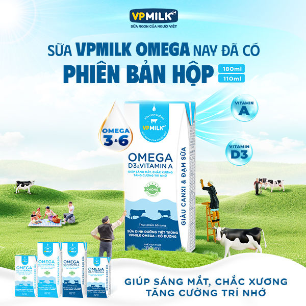 [Thùng 48 hộp 180ml] Sữa Dinh Dưỡng Tiệt Trùng VPMilk Omega ÍT ĐƯỜNG hộp cho bé trên 1 tuổi