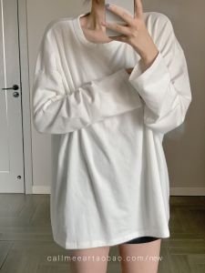 Áo Thun Dài Tay Màu Trắng Cổ Tròn Dáng Rộng Phong Cách Hàn Quốc Thu Đông Cho Nữ Áo Thun Cotton Thường Ngày Màu Trơn