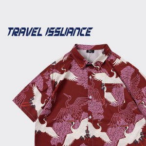 Travel Issuance Original Artistic Crane Print Loose Short Sleeve Shirt Comfortable Casual Style for Men Women
