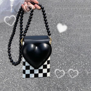 Mini Heart Shaped Crossbody Bag Fashionable Square Mobile Phone Bag Checkered Pattern New 2025 Korean Style Ins Grid Bag