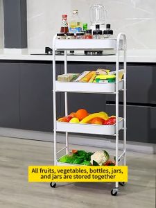 Multi-Purpose 3/4 Tier Carbon Steel Trolley Utility Cart Rolling Trolley Household Rack Multifunction Storage Trolley Kitchen Bathroom Organizer