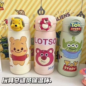 Ins Stainless Steel Straw Bear Childrens Large Capacity Insulated Water Bottle Cute Strawberry Bear Girls Water Cup
